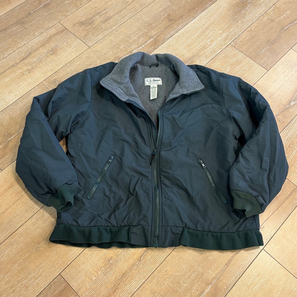 LL Bean Warm-Up Jacket Mens Large Green Fleece Lined Full Zip Bomber